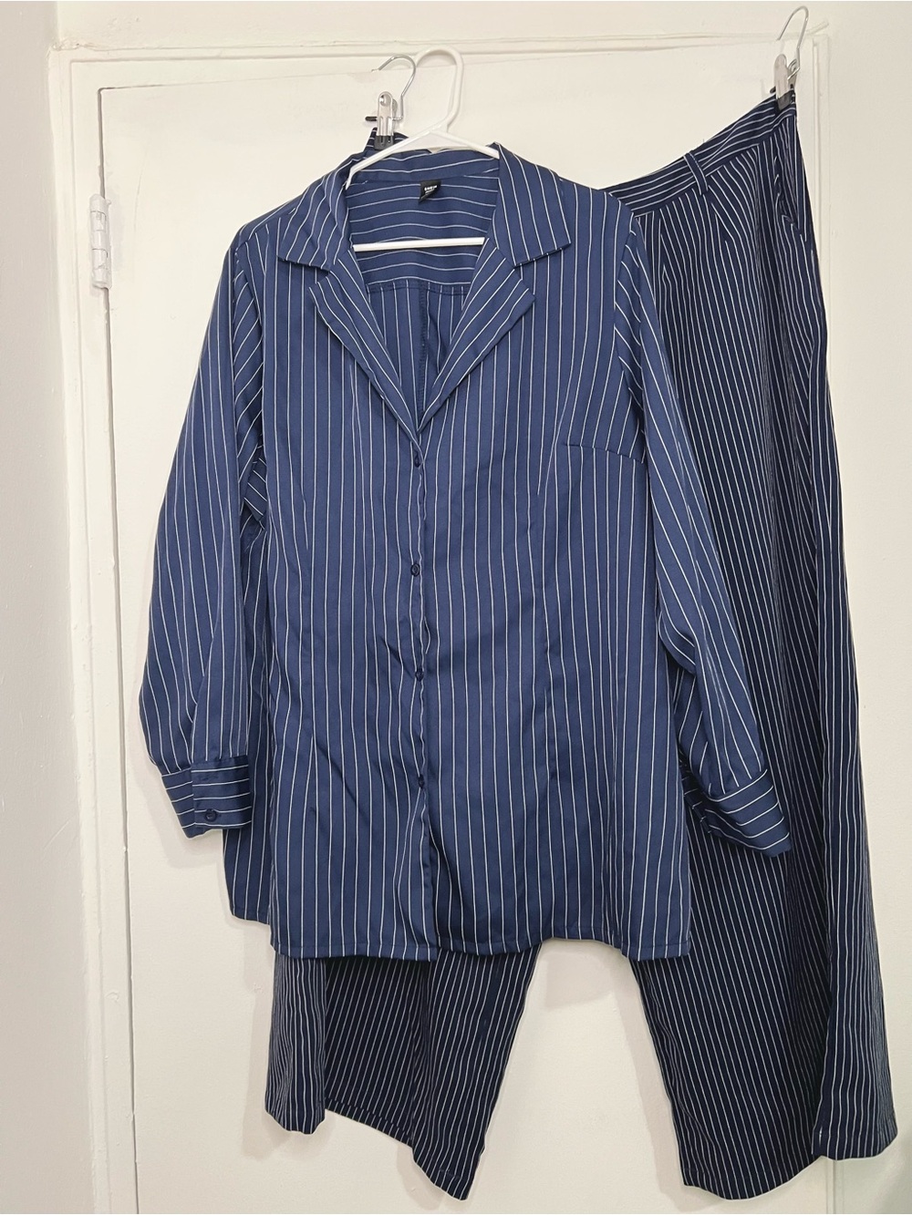 Blue Pinstripe 2 Piece Matching Set Wide Leg Pants & Button Up 2X Top 3X Pants